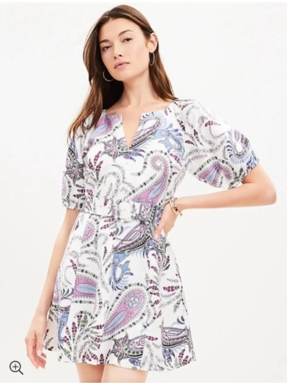 New LOFT Tie-Waist Paisley Mini Dress in White with Lavender & Blue Accents